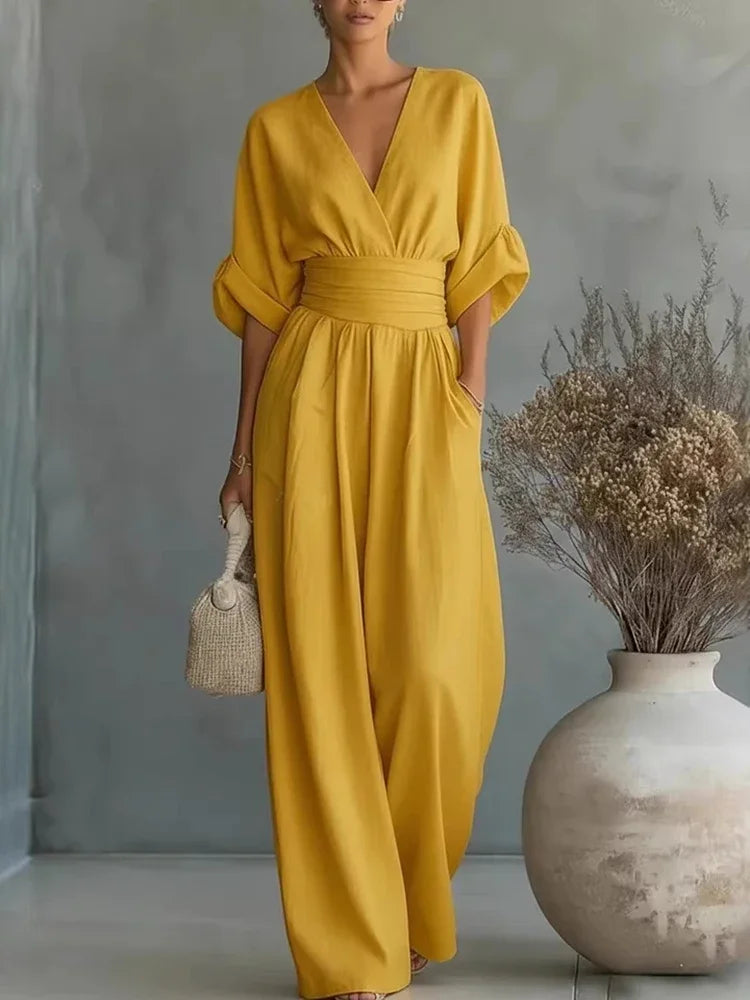 Elegant Linen V-Neck Jumpsuit