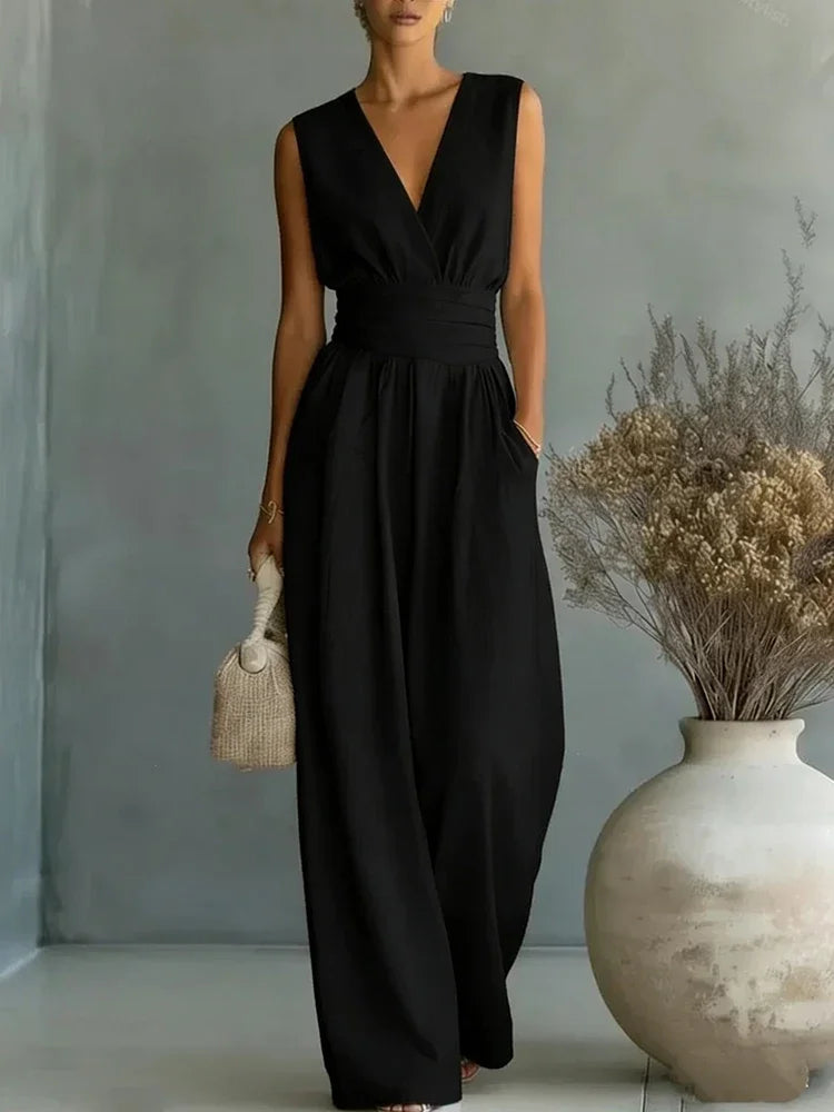 Elegant Linen V-Neck Jumpsuit