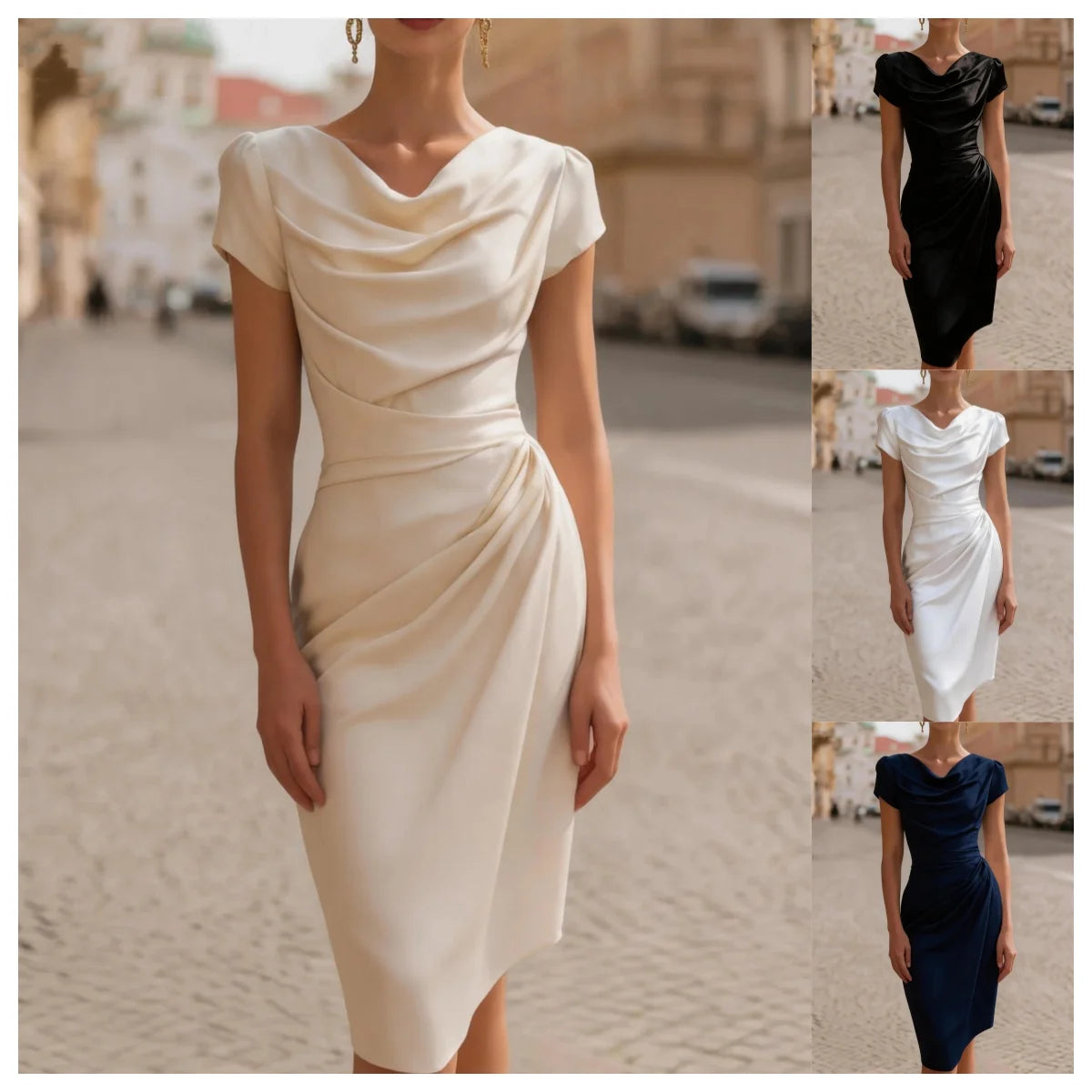 Ruched Cowl Neck Midi Dress