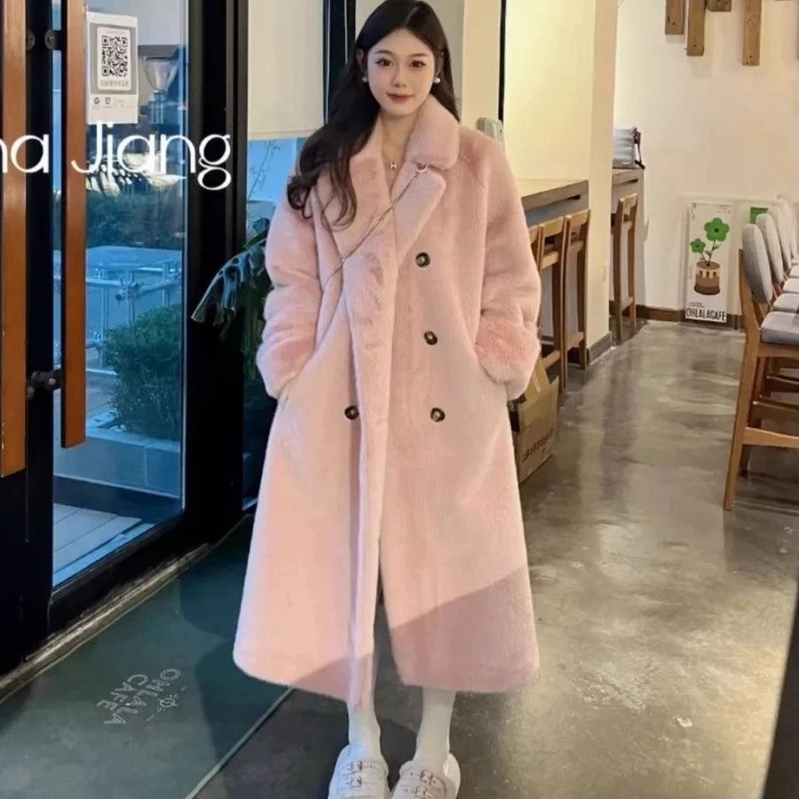 Double-Breasted Faux Rabbit Fur Coat