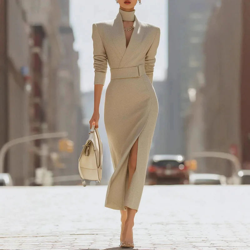 Belted V-Neck Evening Dress