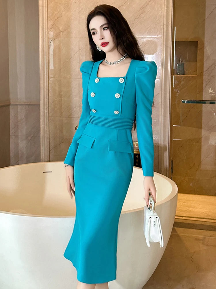 Blue Double-Breasted Dress