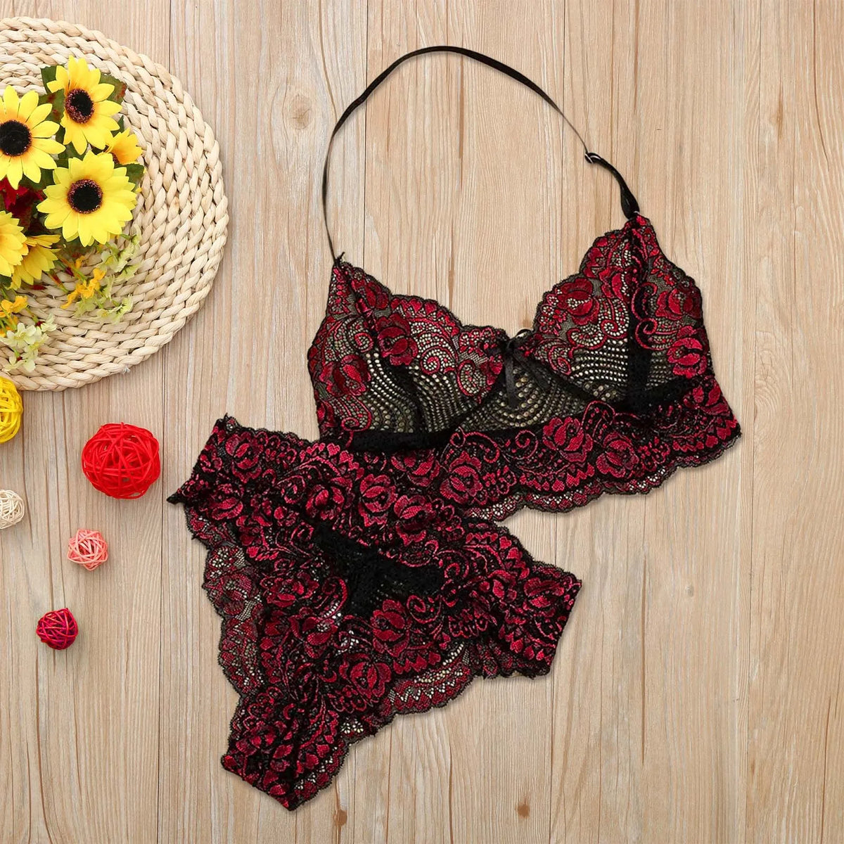Bowknot Lace Floral Lingerie Set