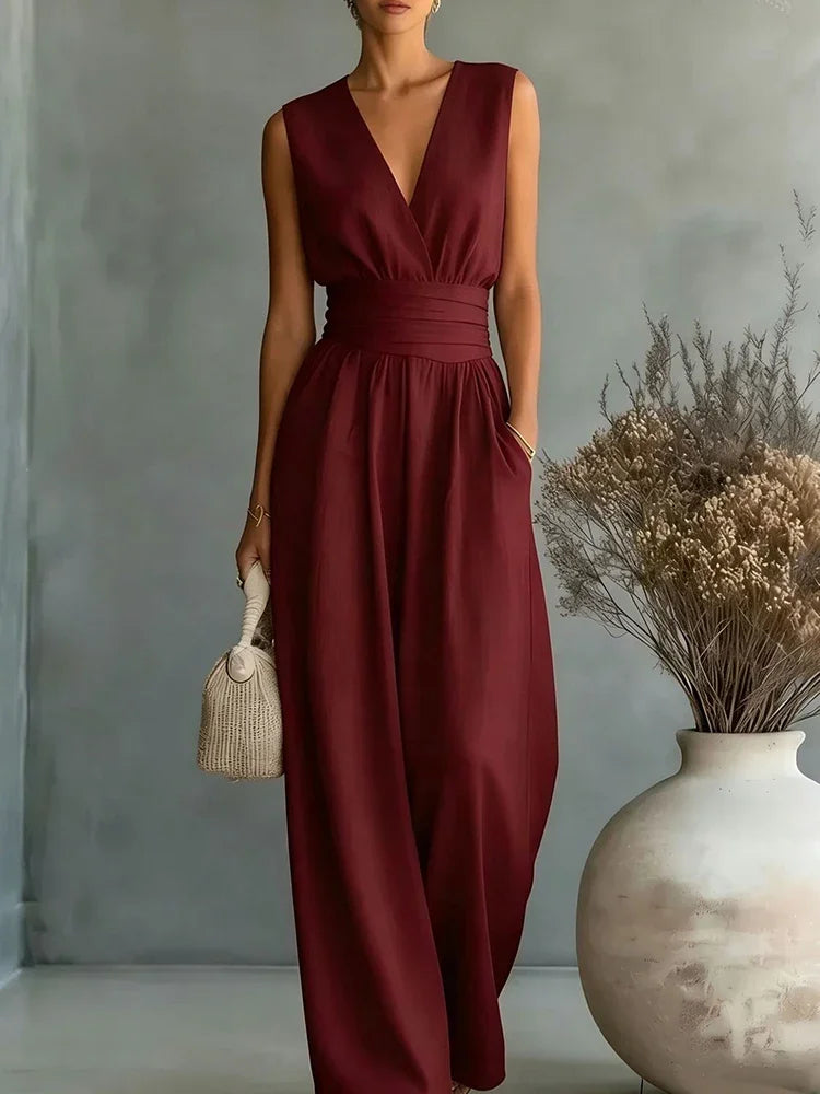 Elegant Linen V-Neck Jumpsuit
