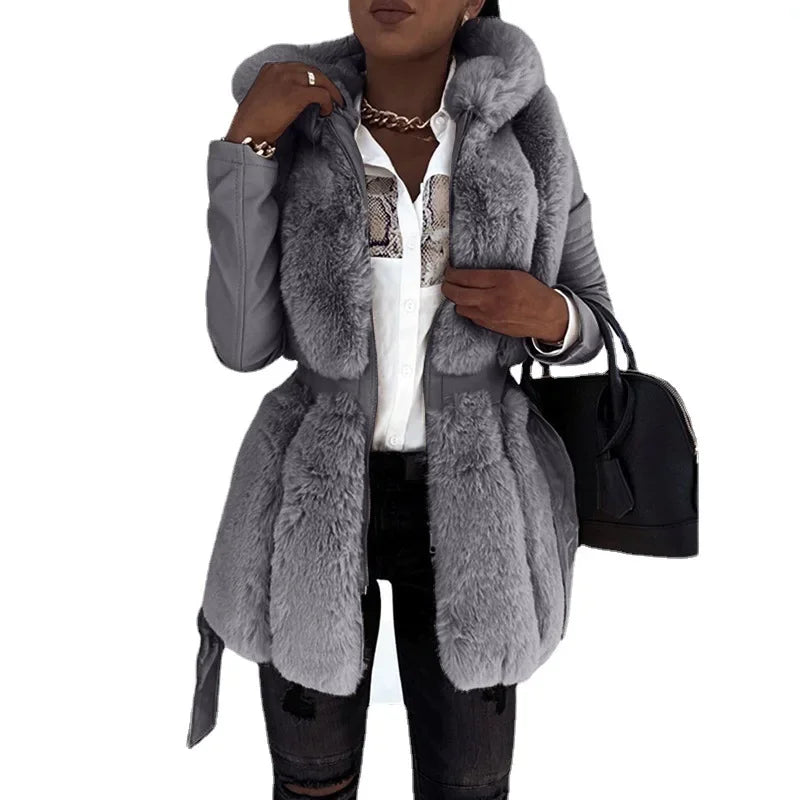 Hooded Faux Fur Coat with Belt