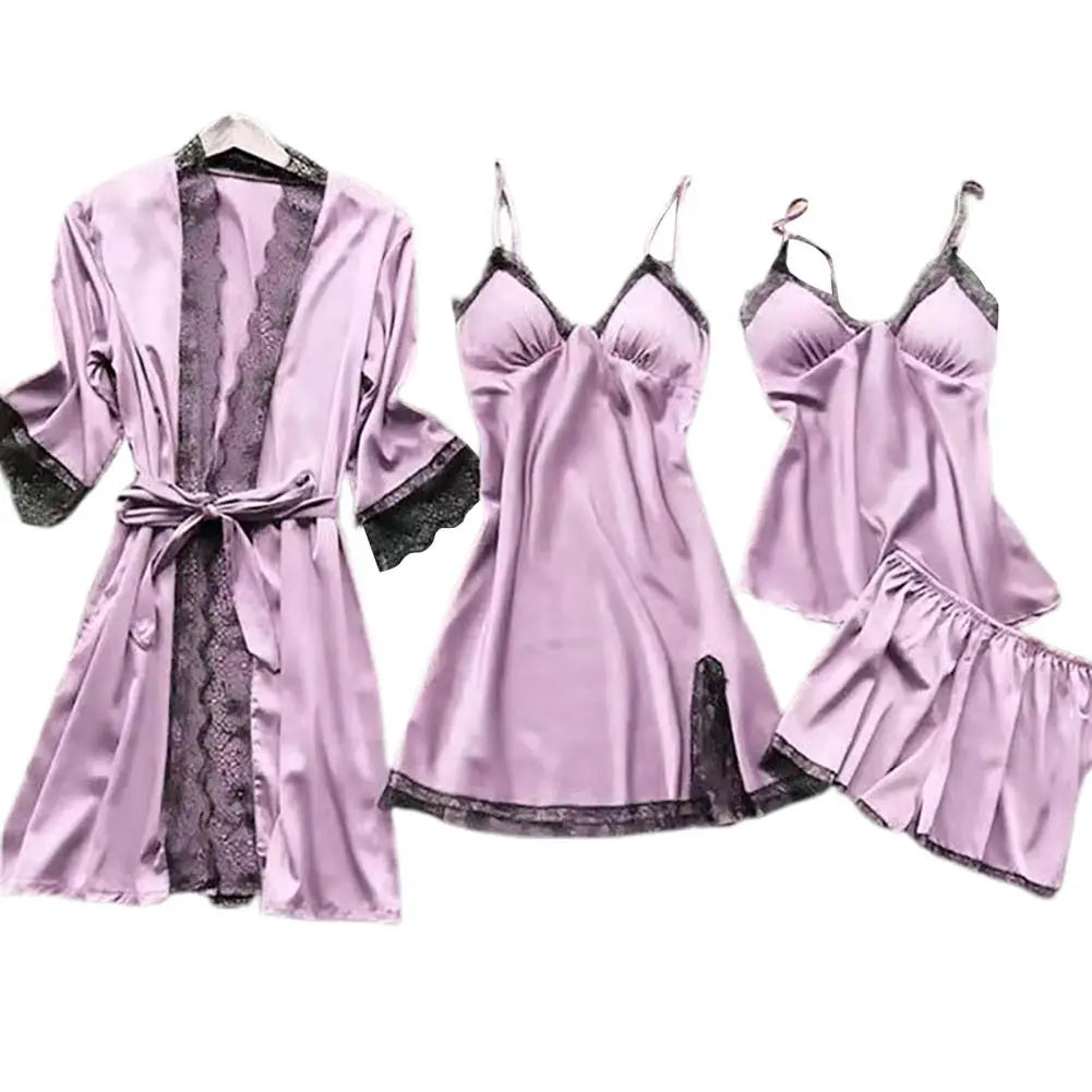 Satin & Lace Pajama Set - 4 Piece