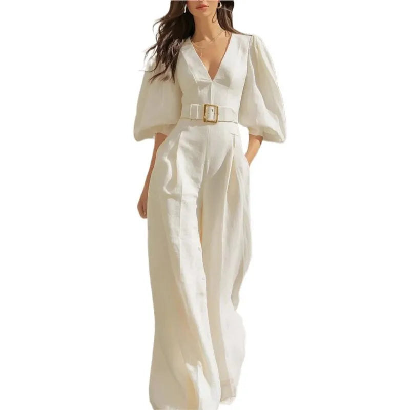 Elegant Puff Sleeve Belt Free Jumpsuit