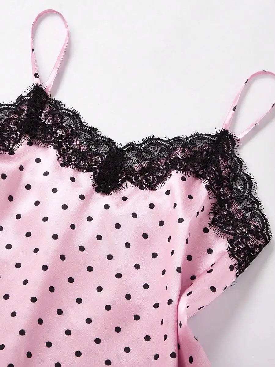 2PCS Pajama Suit Women Fashion V-Neck Stretch Satin Lace Sexy Lingerie Bowknot Pyjamas Shorts Set Pink and round dot Sleepwear