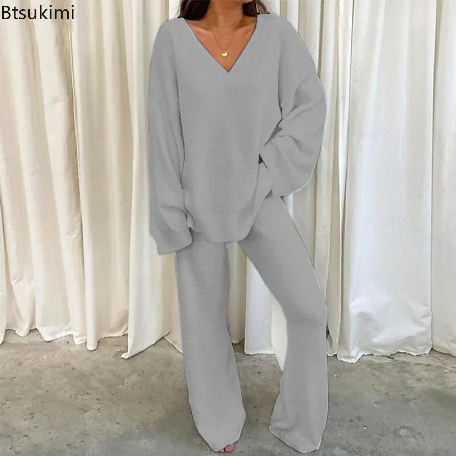 Solid V Neck Pajama Set