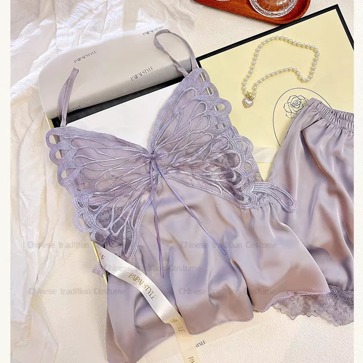 Satin Butterfly Lace Pajama Set