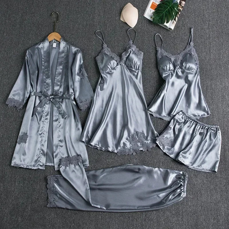 Silk Lace Nightgown Set - 5 Piece
