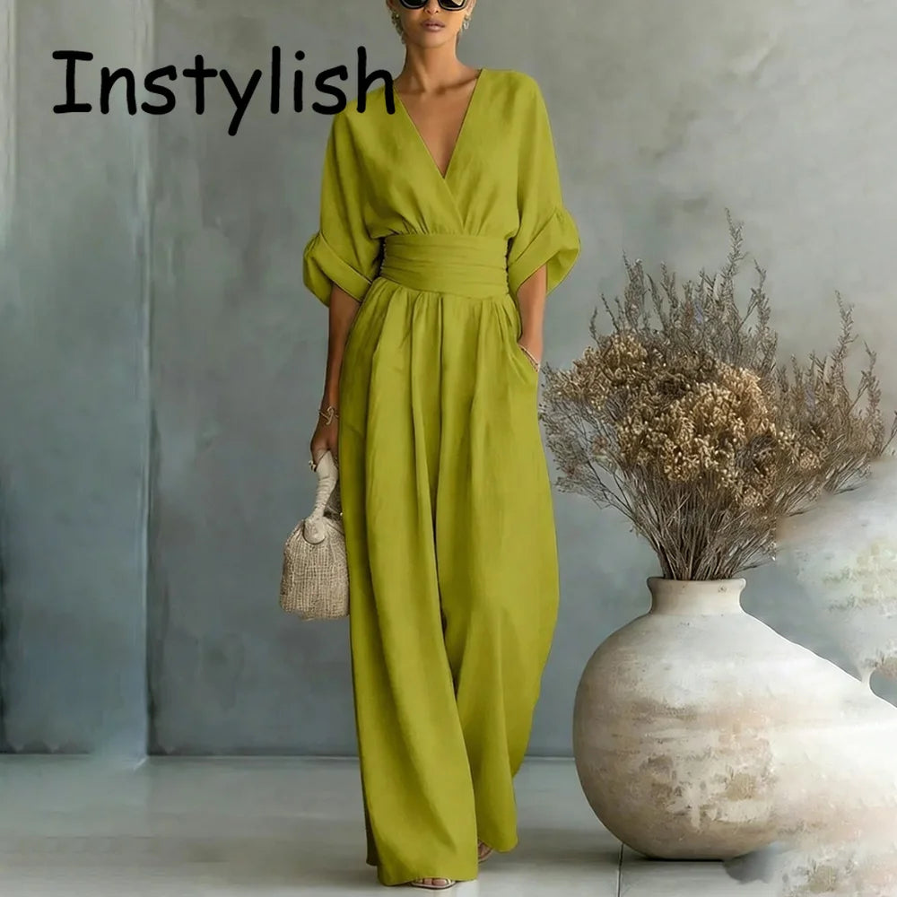 Elegant Linen V-Neck Jumpsuit