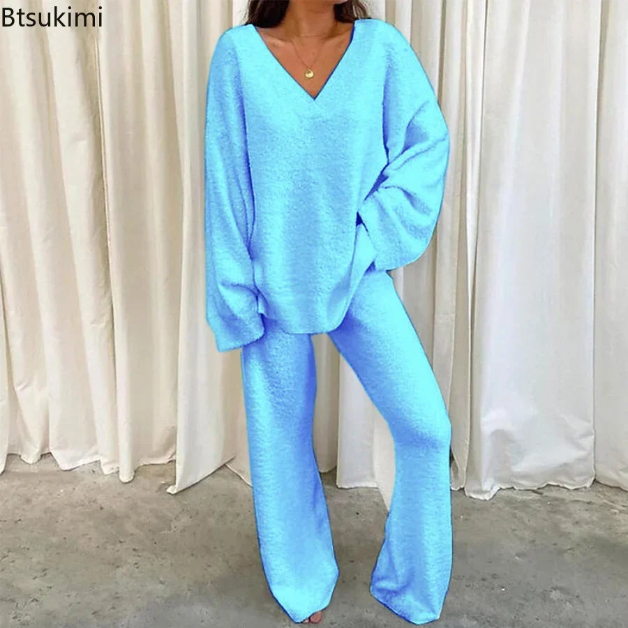 Solid V Neck Pajama Set