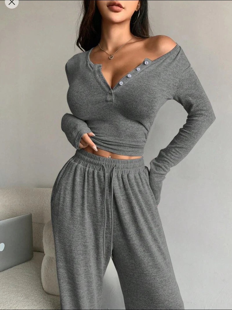 V-Neck Button Pajama Set