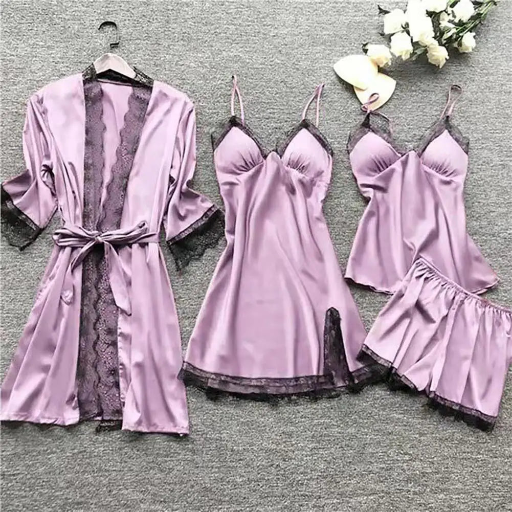 Satin & Lace Pajama Set - 4 Piece