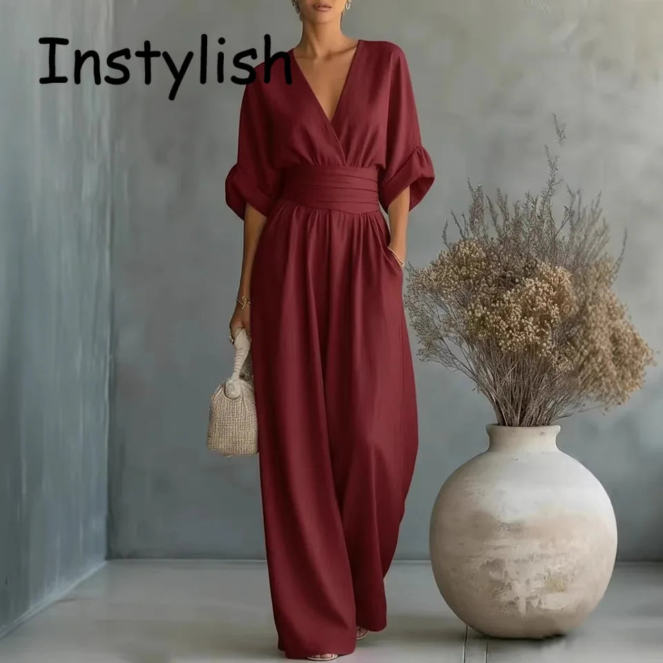 Elegant Linen V-Neck Jumpsuit