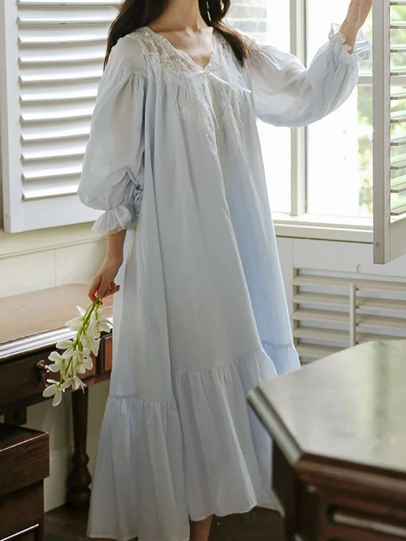 Women Lace Cotton V-Neck Ruffles Vintage Nightgowns Robe Long Fairy Victorian Romantic Princess Sleepwear Nightdress Homewear