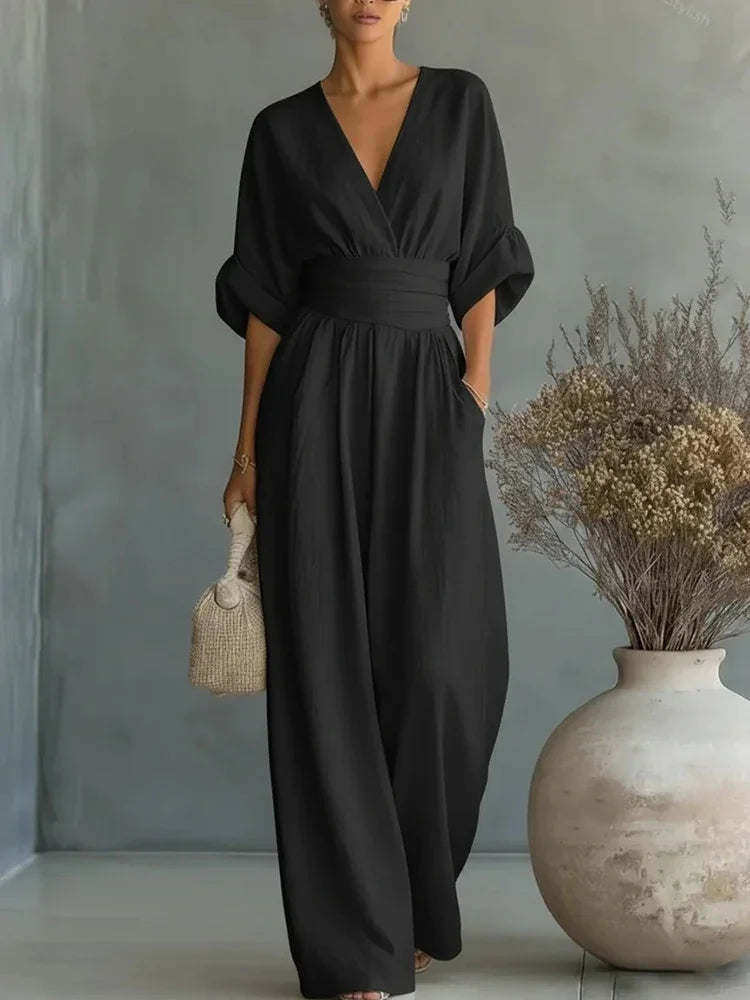 Elegant Linen V-Neck Jumpsuit