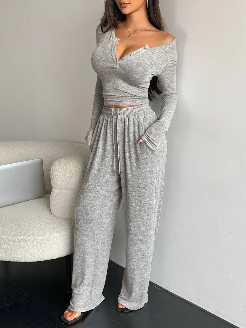 V-Neck Button Pajama Set
