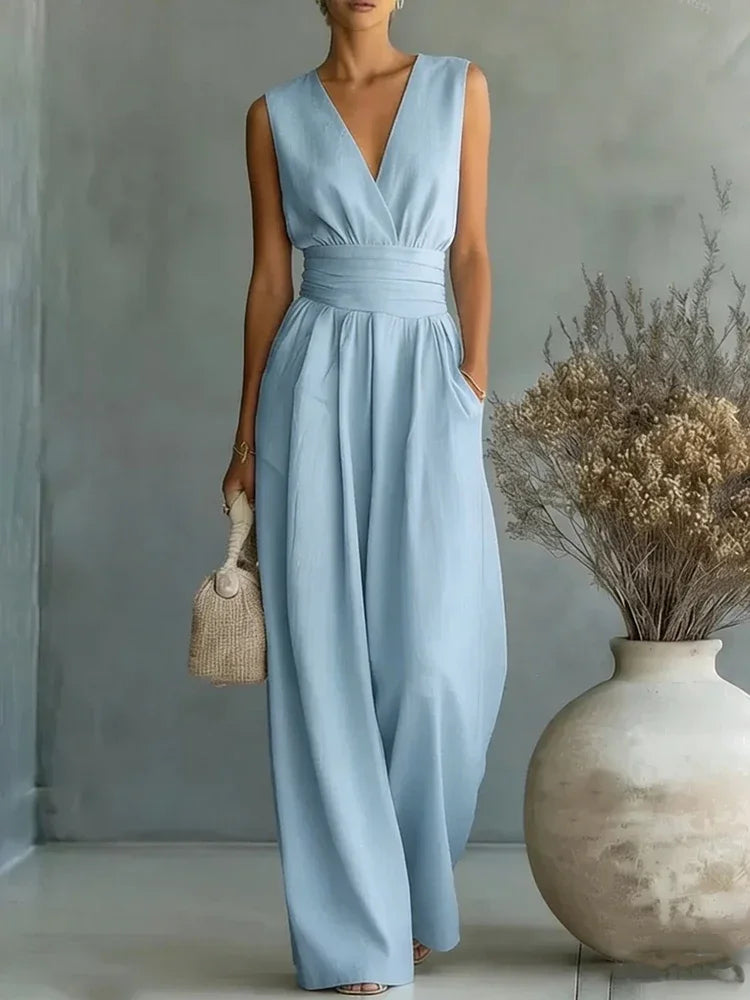 Elegant Linen V-Neck Jumpsuit