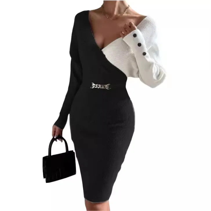 V-Neck Patchwork Knit Jumpsuit