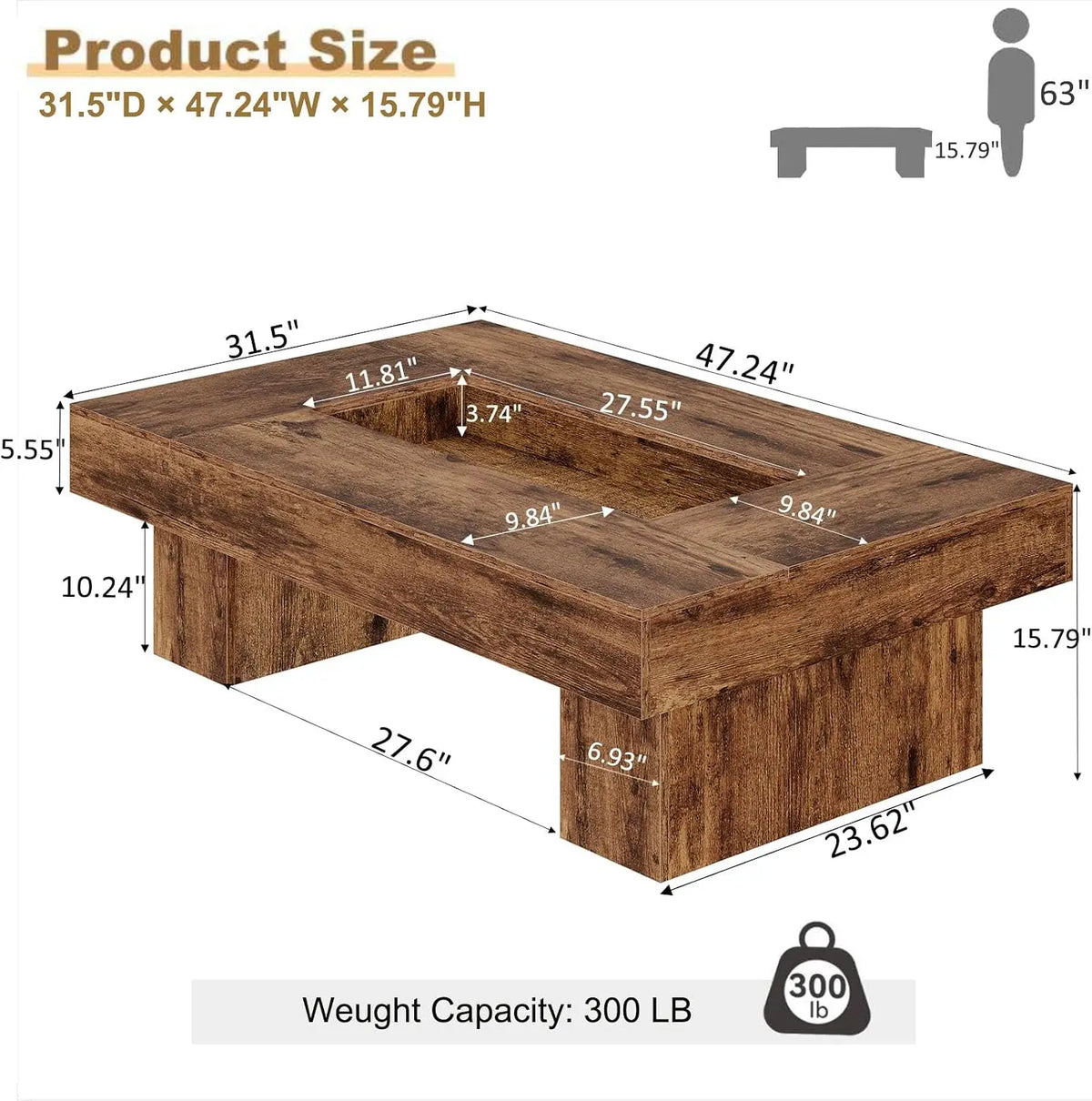 47x31 Inch Rustic Brown Rectangle Wood Coffee Table