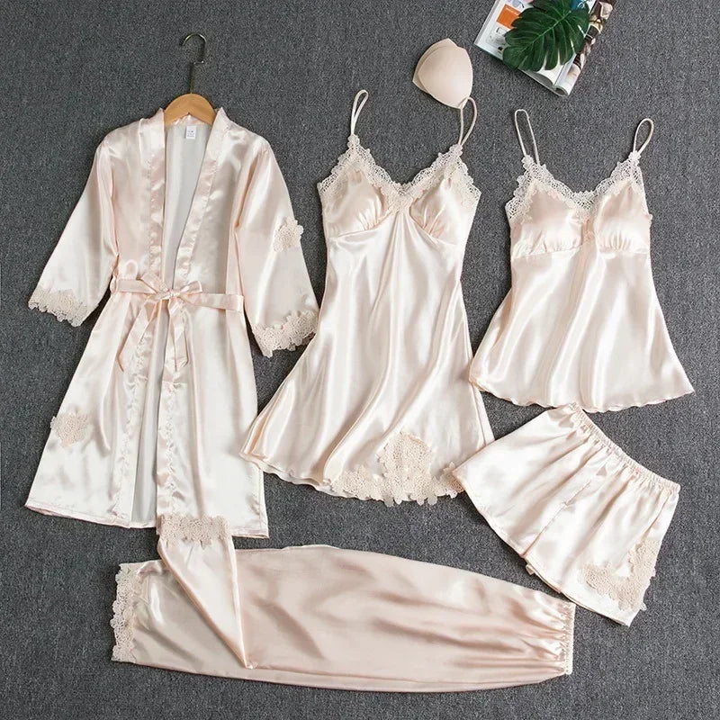 Silk Lace Nightgown Set - 5 Piece