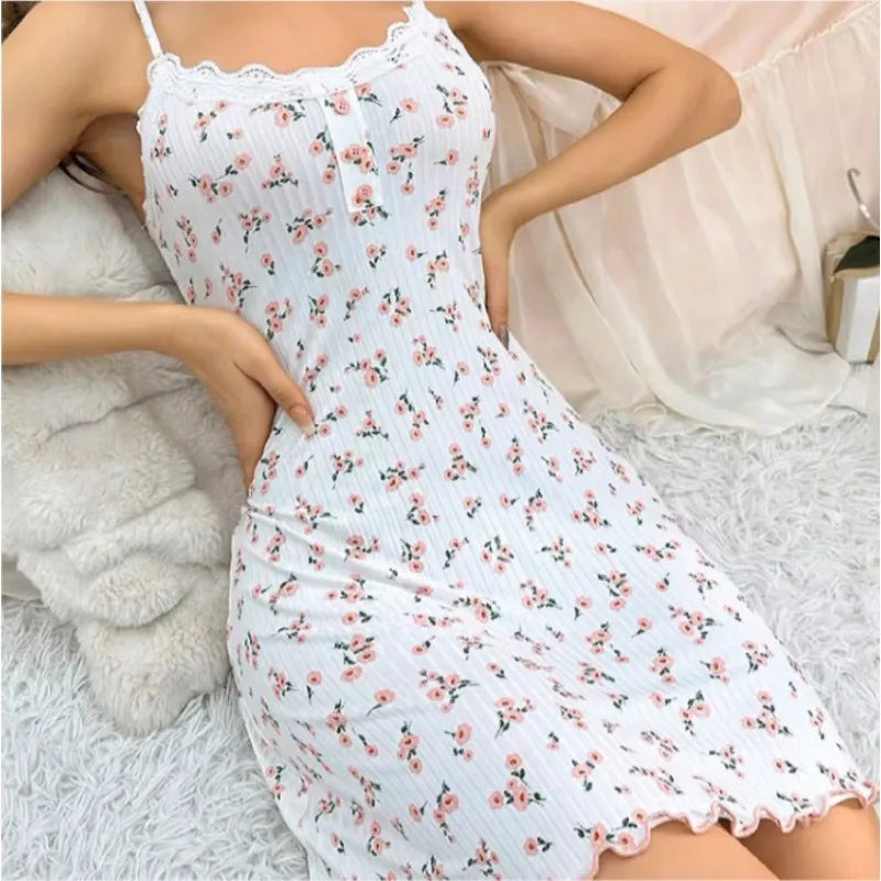Women's Floral Print Sleep Dress Sexy Lace Sleeveless Nightgown Casual Soft Breathe Sleepwear Female Loungewear