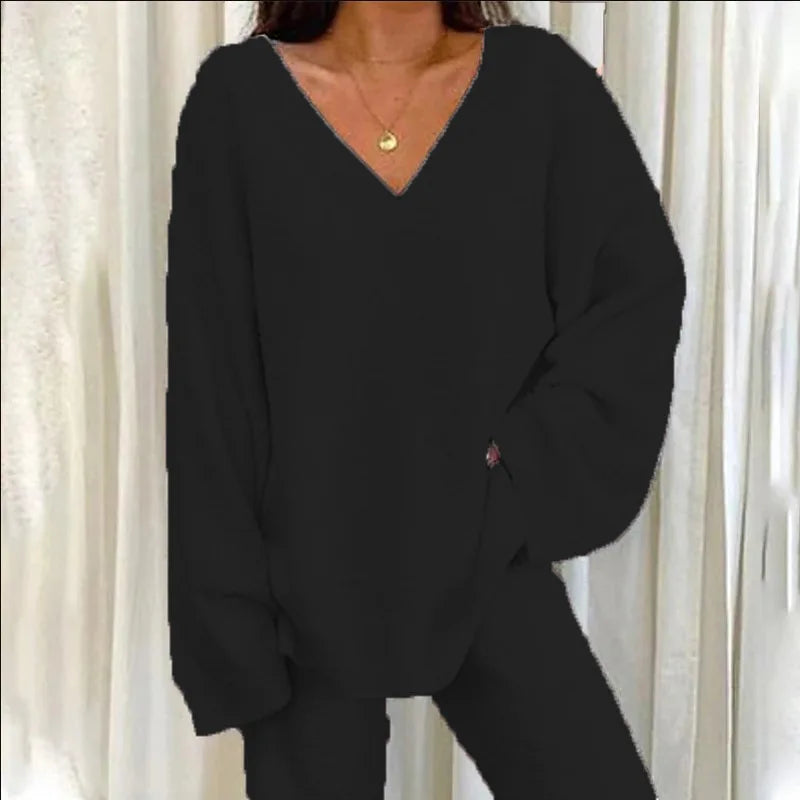 Solid V Neck Pajama Set