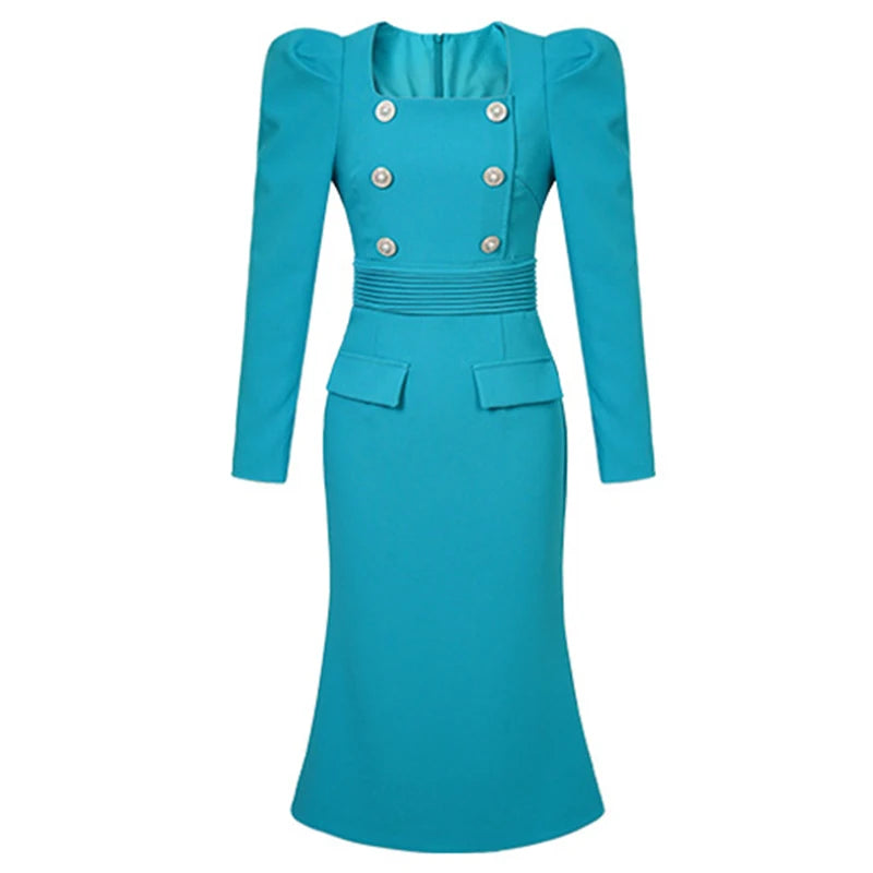 Blue Double-Breasted Dress