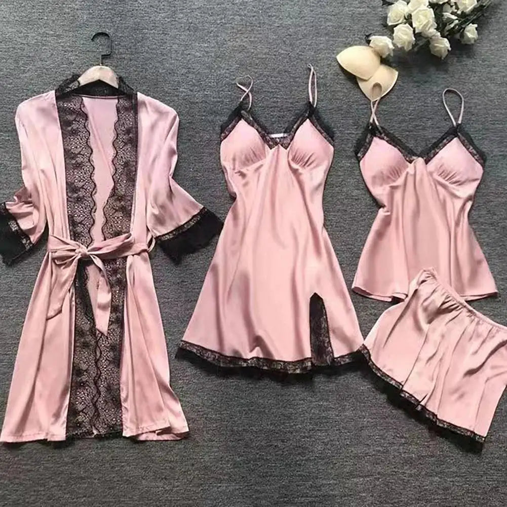 Satin & Lace Pajama Set - 4 Piece