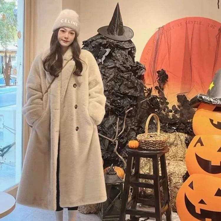 Double-Breasted Faux Rabbit Fur Coat