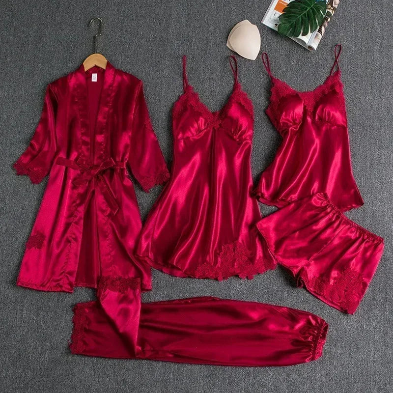 Silk Lace Nightgown Set - 5 Piece