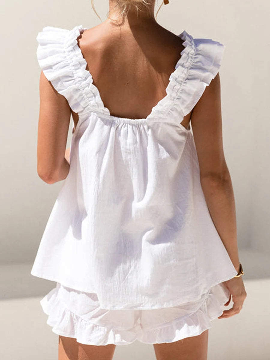Women's Summer 2pcs Pajamas Sets Casual Sleeveless Spaghetti Straps Backless Sling Tank Top Ruffle Shorts Y2K Tracksuit
