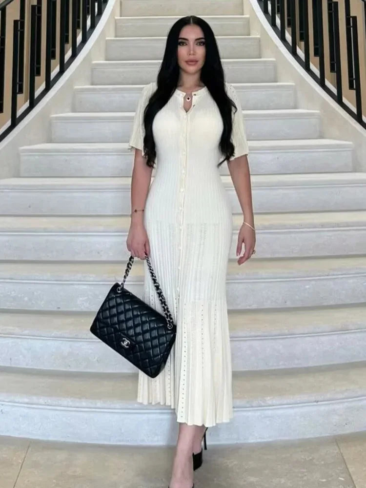 Elegant Knitted Dress Women Casual O Neck Solid Short Sleeved Button High Waist Split Dresses New Female Fashion