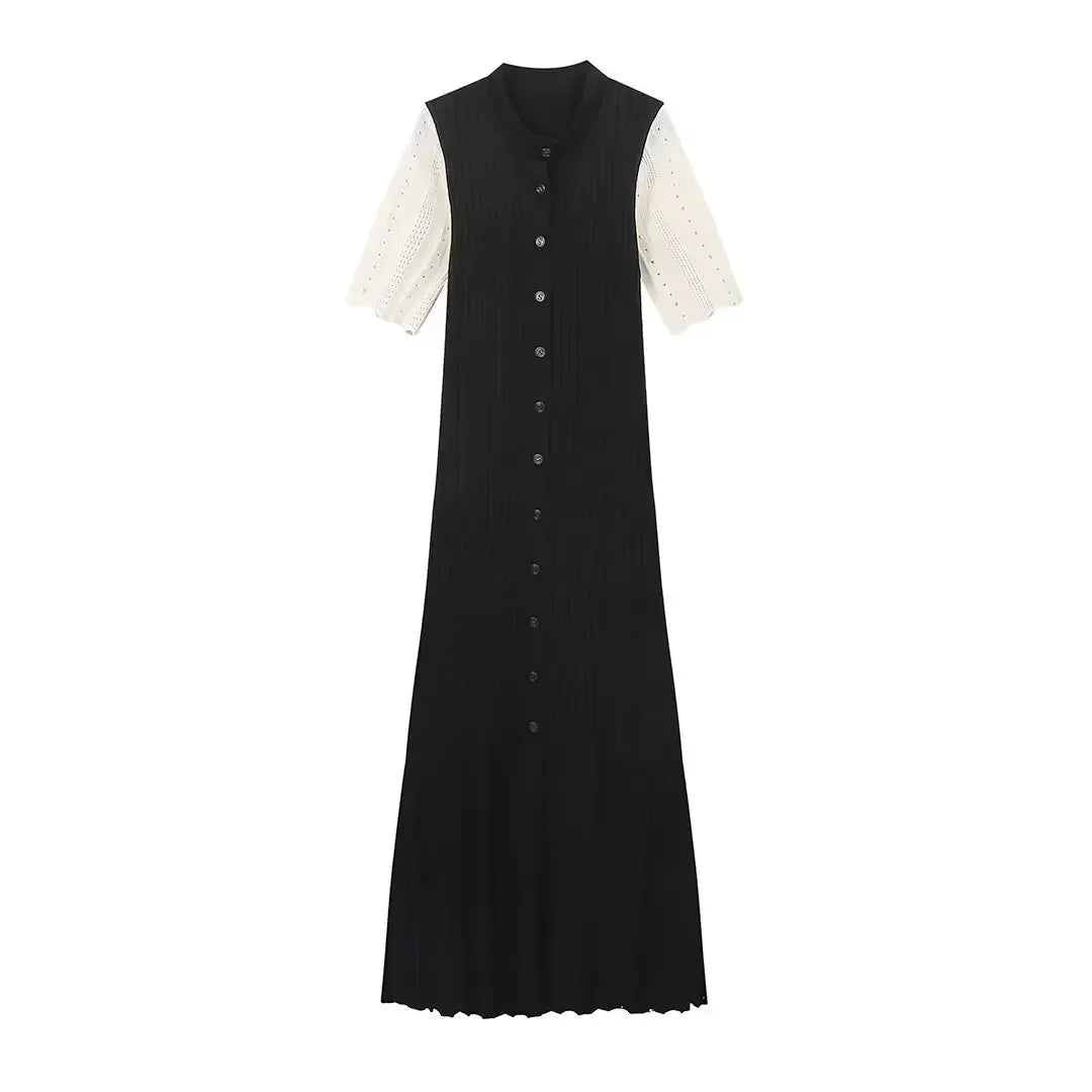 Elegant Knitted Dress Women Casual O Neck Solid Short Sleeved Button High Waist Split Dresses New Female Fashion