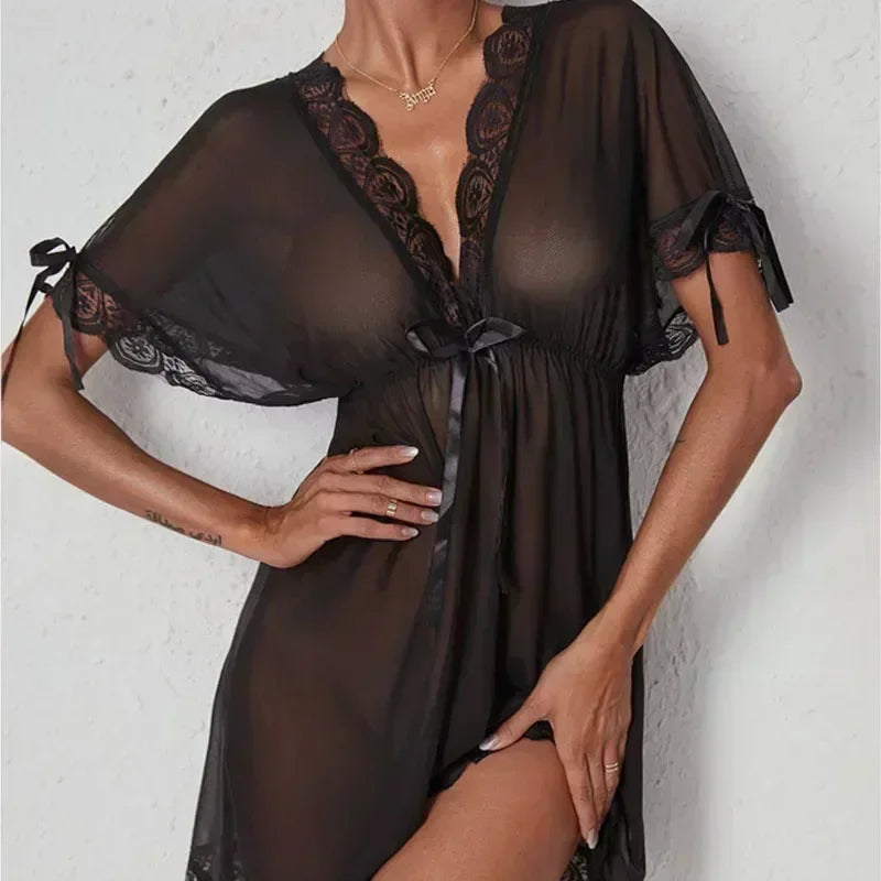 Deep V Slip Nightdress Lace Hot Seductive Sex Pajamas Women Big Chest Mm Nightdress  Summer Dress