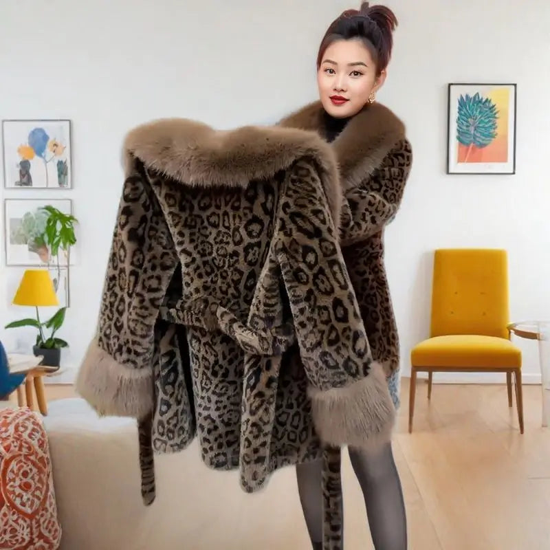 Leopard Print Fur Coat with Belt