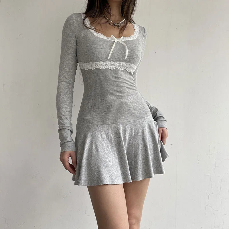Sexy Mini Dress Women Autumn Streetwear Black Long Sleeves Lace Patchwork Fashion A-LINE Dress Club Elegant Party Solid Dresses