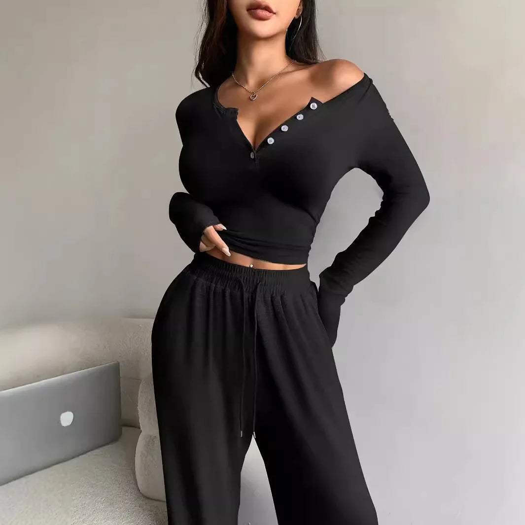 Women's Two-piece Fashion Spring/summer Button Solid Color Long-sleeved Top Drawstring Pocket Wide-leg Pants Women Casual Suit