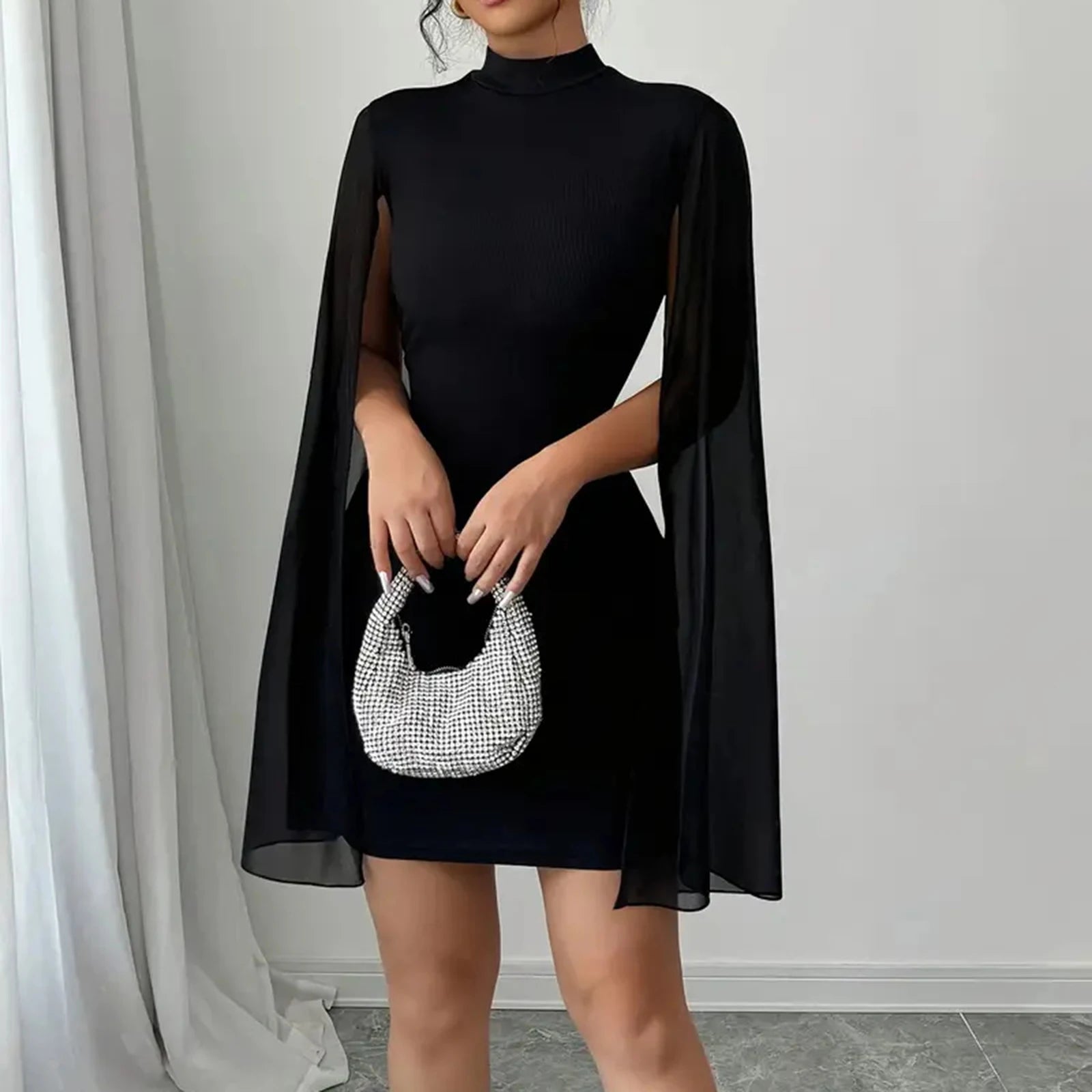 Black Ribbed Cape Dress