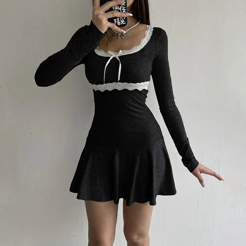 Sexy Mini Dress Women Autumn Streetwear Black Long Sleeves Lace Patchwork Fashion A-LINE Dress Club Elegant Party Solid Dresses
