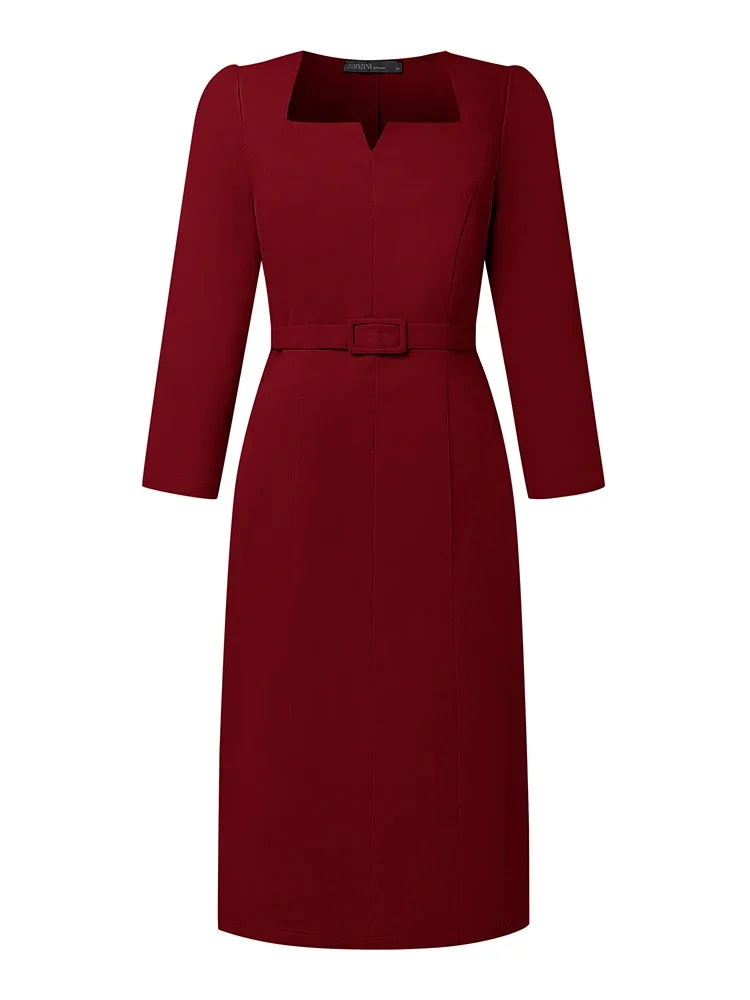 Square Collar Belted Shirt Dress