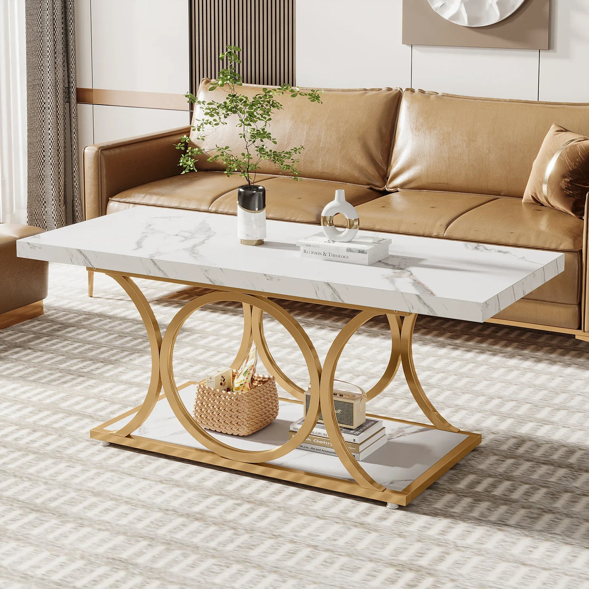 2-Tier Faux Marble Wood Coffee Table
