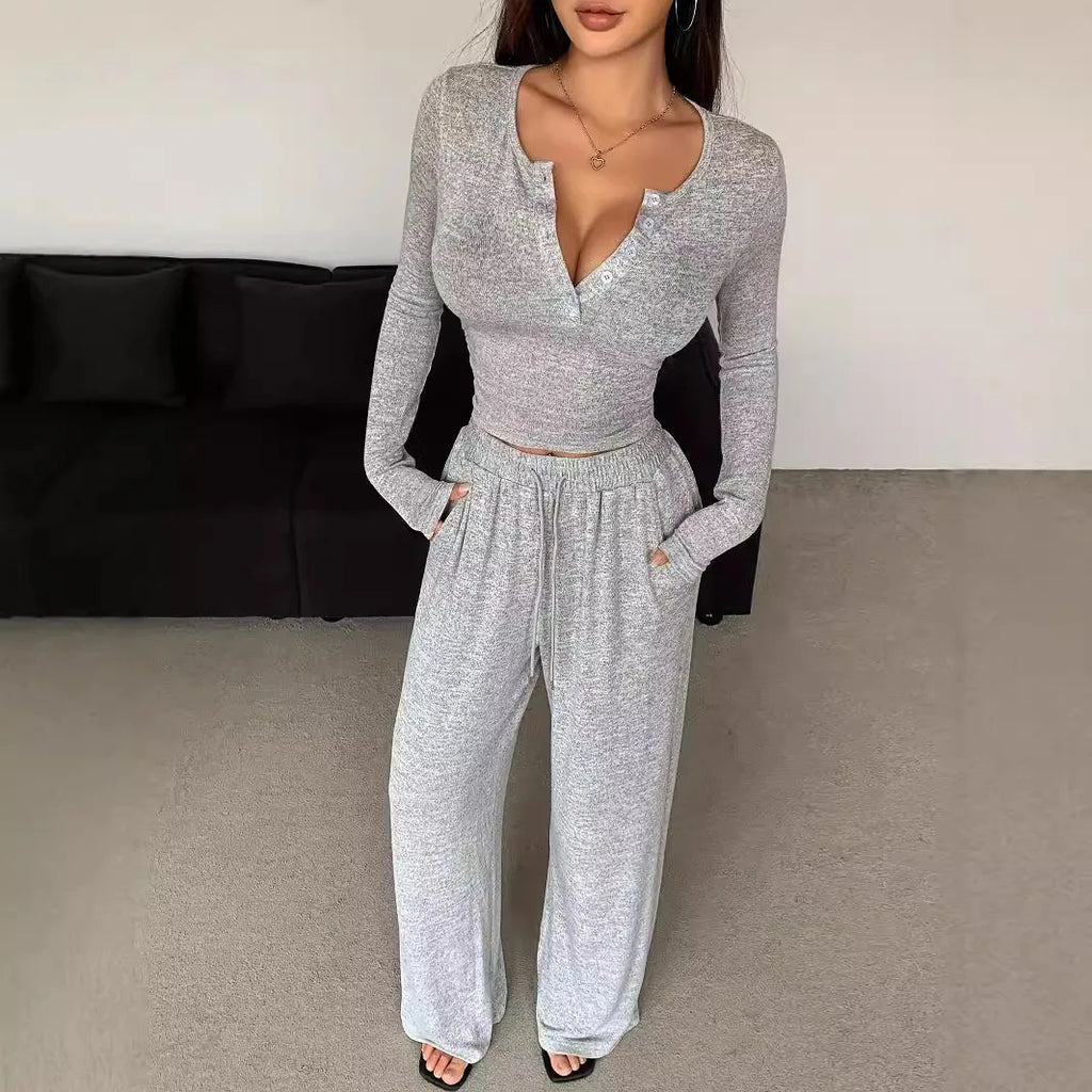 Women's Two-piece Fashion Spring/summer Button Solid Color Long-sleeved Top Drawstring Pocket Wide-leg Pants Women Casual Suit