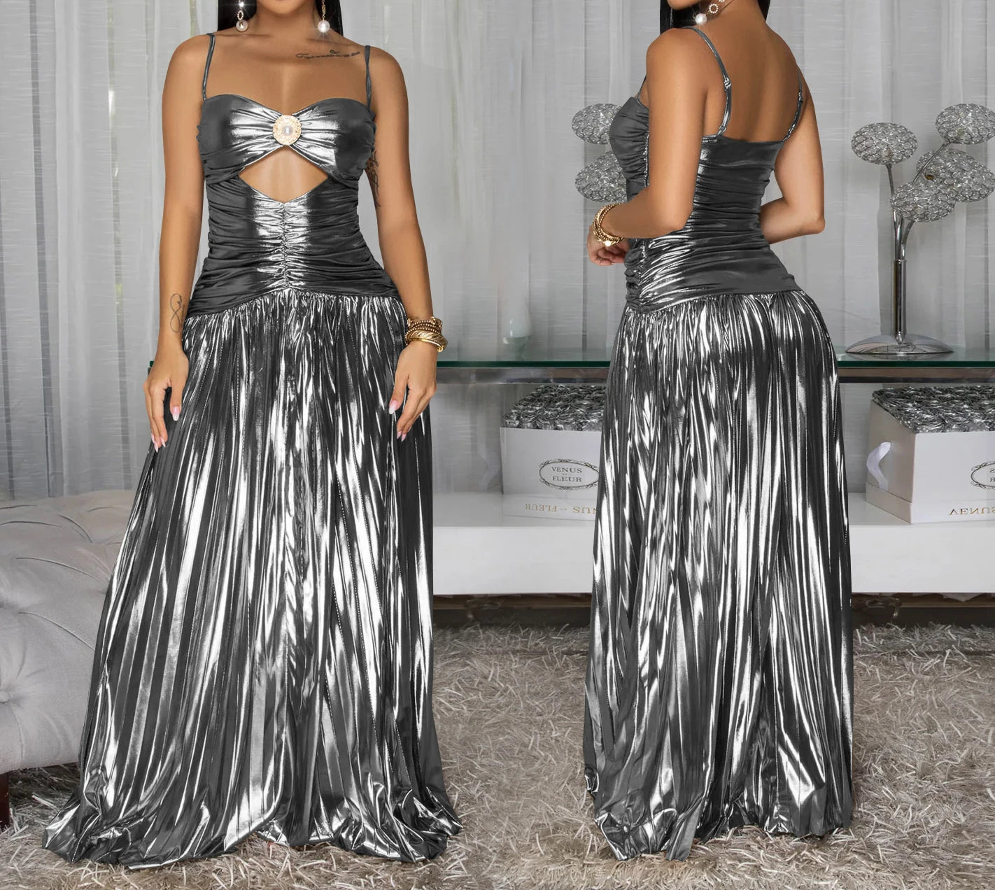 Sequin Spaghetti Strap Gown