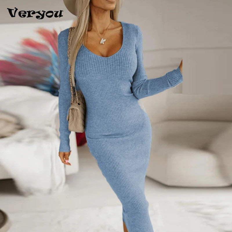 V-Neck Knit Bodycon Dress