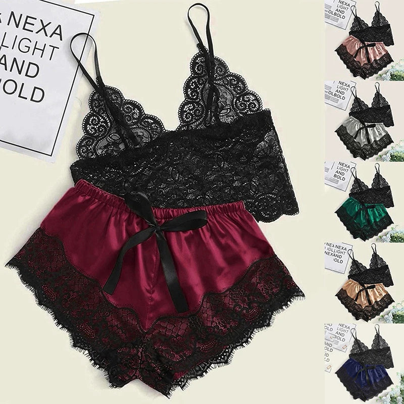 Lace Pajama Top & Shorts Set