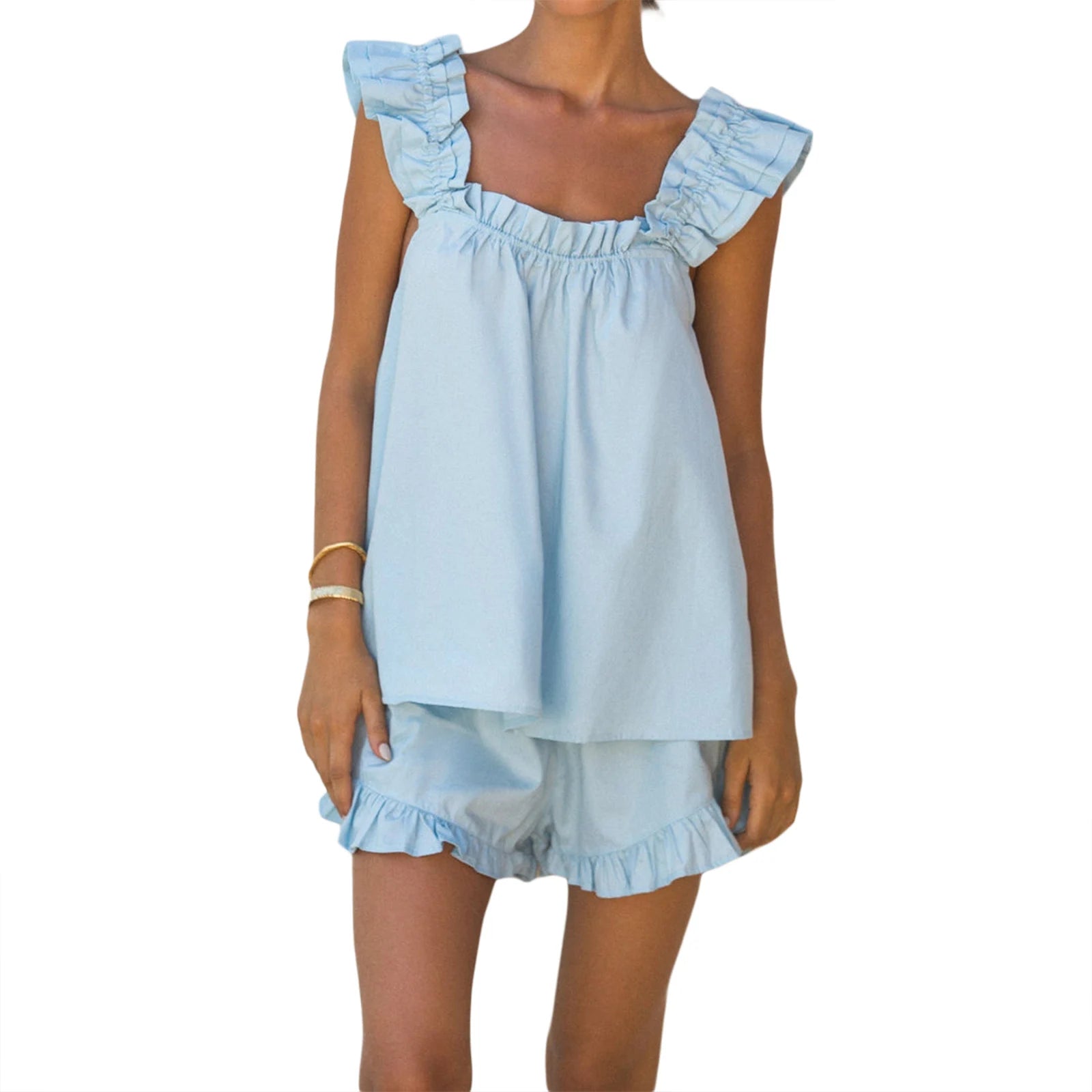 Women's Summer 2pcs Pajamas Sets Casual Sleeveless Spaghetti Straps Backless Sling Tank Top Ruffle Shorts Y2K Tracksuit