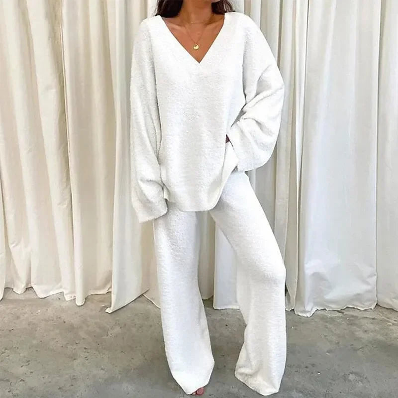 Solid V Neck Pajama Set